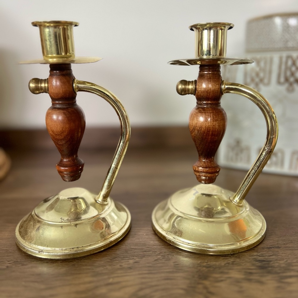 Vintage Wood and Brass Tone Metal Candlestick Holders, Made In USA - 7" Tall
